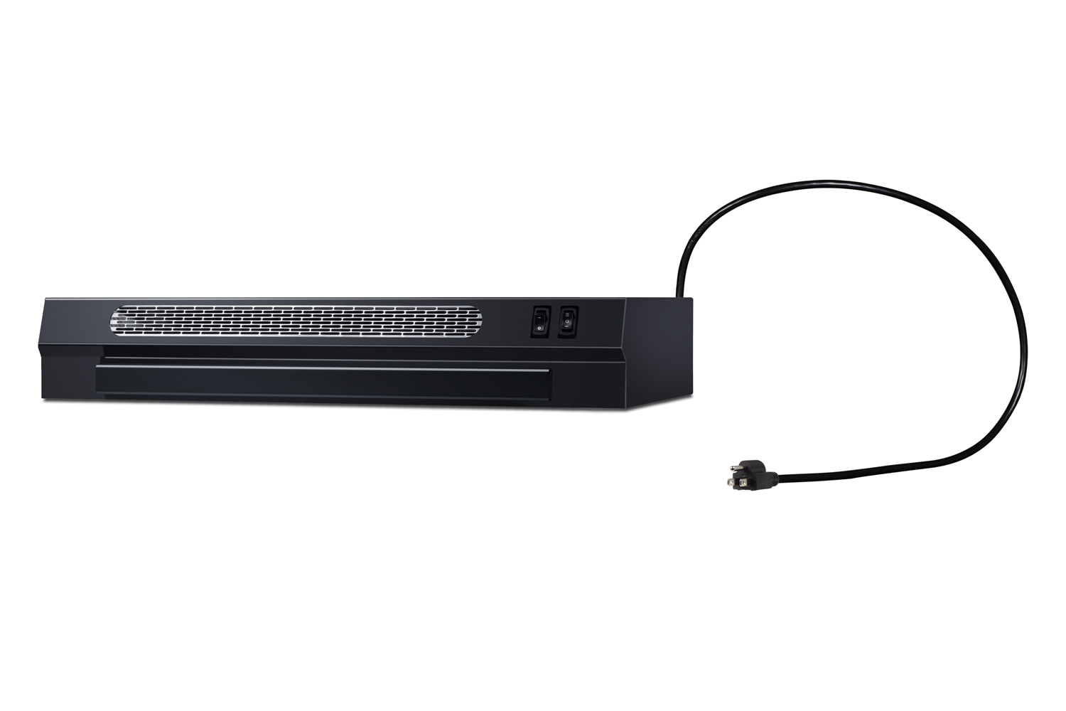 24 inch wide under cabinet retractable range hood for ductless use in black, made in the USA with power cord included